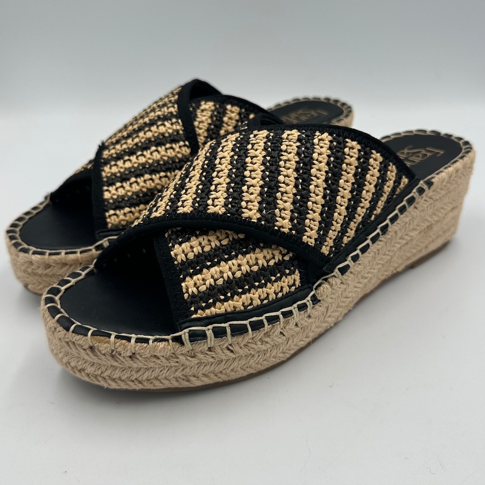 Franco Sarto Pacifica Espadrille Alide Wedge Sandals 9.5 Black Tan Boho Raffia
